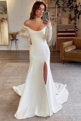 White Off The Shoulder Mermaid Wedding Dress with Long Sleeves and Slit