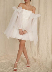 White Off The Shoulder Organza A-Line Wedding Dress with Long Sleeves