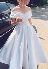 White Off The Shoulder Satin A-Line Wedding Dress with Pleats