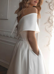 White Off The Shoulder Satin A-Line Wedding Dress with Pockets Back Detail