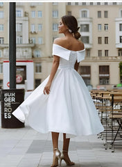 White Off The Shoulder Satin A-Line Wedding Dress with Pockets Back View