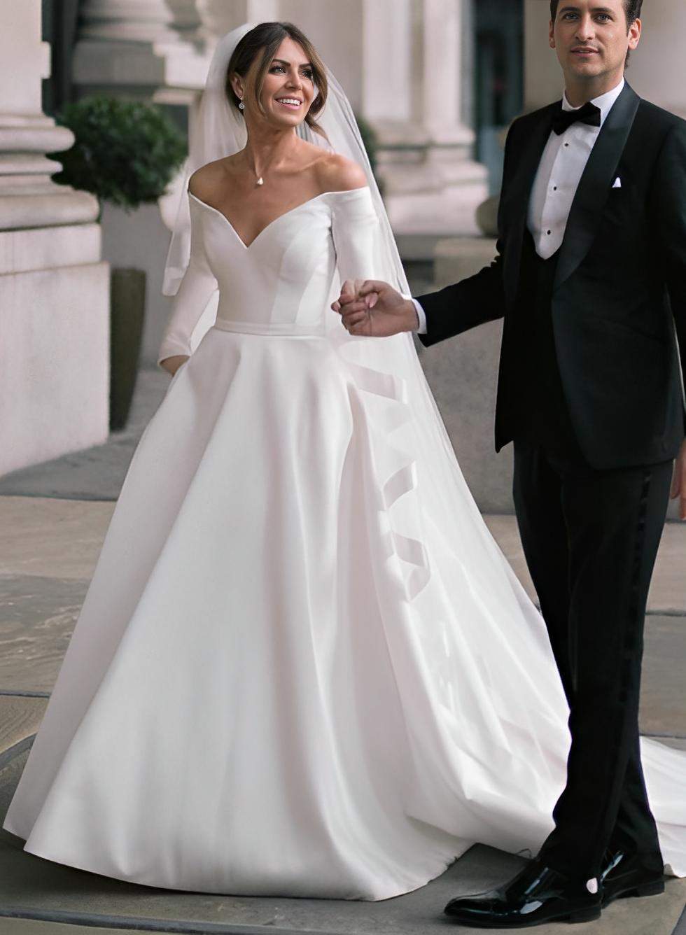 White Off The Shoulder Satin A-Line Wedding Dress with Pockets and 3/4 Sleeves