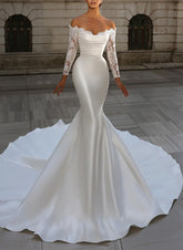 White Off The Shoulder Satin Mermaid Chapel Train Wedding Dress with Lace Appliques and Long Sleeves