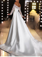 White Off The Shoulder Satin Mermaid Chapel Train Wedding Dress with Lace Appliques and Long Sleeves Back View