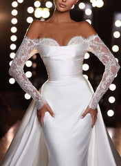 White Off The Shoulder Satin Mermaid Chapel Train Wedding Dress with Lace Appliques and Long Sleeves Bodice Detail
