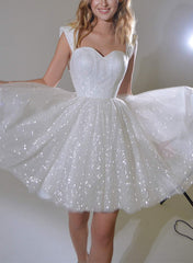 White Off The Shoulder Sequin A-Line Wedding Dress with Short Sleeves