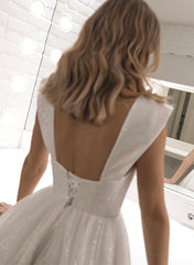 White Off The Shoulder Sequin A-Line Wedding Dress with Short Sleeves Back Detail