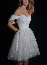 White Off The Shoulder Sequin A-Line Wedding Dress with Short Sleeves