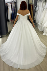 White Off The Shoulder Sequin Ball Gown Wedding Dress with Short Sleeves Back View
