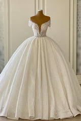 White Off The Shoulder Sequin Ball Gown Wedding Dress