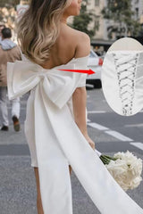 White Off The Shoulder Sheath Wedding Dress with Slit Back Detail