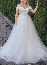 White Off The Shoulder Tulle A-Line Sweep Train Wedding Dress with Beading