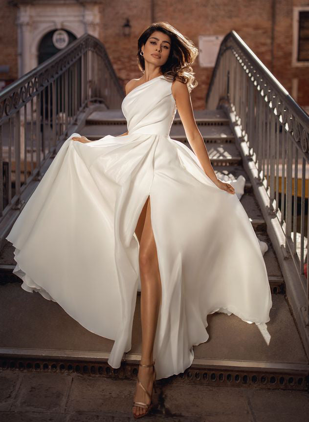 White One Shoulder A-Line Wedding Dress with Ruching and Slit