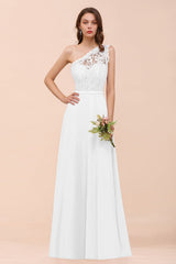 White One Shoulder Chiffon A-Line Long Bridesmaid Dress
