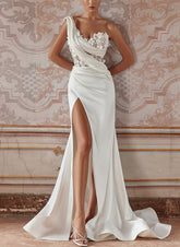 White One Shoulder Mermaid Sweep Train Wedding Dress with Slit