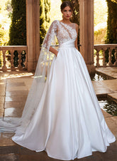 White One Shoulder Satin A-Line Sweep Train Wedding Dress with Lace Appliques, Long Sleeves and Pockets