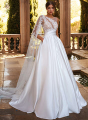 White One Shoulder Satin A-Line Sweep Train Wedding Dress with Lace Appliques, Long Sleeves and Pockets