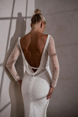 White One Shoulder Sequin Sheath Sweep Train Wedding Dress with Long Sleeves Back Detail