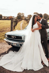 White Scoop Neck A-Line Chapel Train Wedding Dress with Slit
