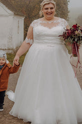 White Scoop Neck A-Line Sweep Train Wedding Dress with Lace Appliques