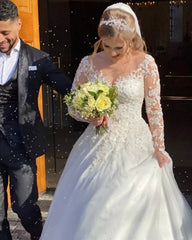 White Scoop Neck Ball Gown Chapel Train Wedding Dress with Lace Appliques and Long Sleeves Bodice Detail