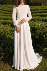 White Scoop Neck Chiffon A-Line Sweep Train Wedding Dress with Lace Appliques and Long Sleeves