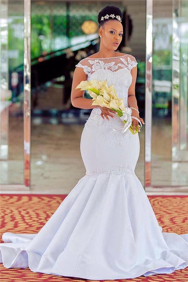 White Scoop Neck Mermaid Chapel Train Wedding Dress with Lace Appliques