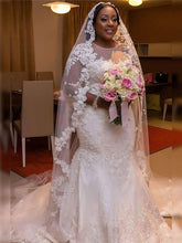 White Scoop Neck Mermaid Wedding Dress with Lace Appliques and Long Sleeves