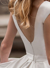 White Scoop Neck Satin A-Line Sweep Train Wedding Dress with Pockets Back Detail
