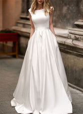 White Scoop Neck Satin A-Line Sweep Train Wedding Dress with Pockets