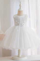 White Scoop Neck Sequin A-Line Flower Girl Dress with Lace Appliques