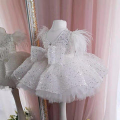 White Scoop Neck Sequin Ball Gown Flower Girl Dress Back View