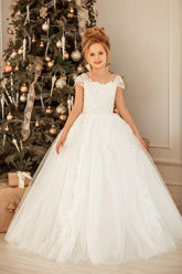 White Scoop Neck Tulle Ball Gown Flower Girl Dress with Cap Sleeves