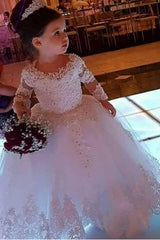 White Scoop Neck Tulle Ball Gown Flower Girl Dress with Long Sleeves and Beading
