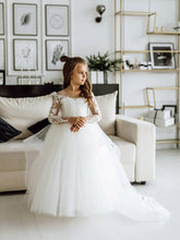 White Scoop Neck Tulle Ball Gown Flower Girl Dress with Long Sleeves and Sweep Train