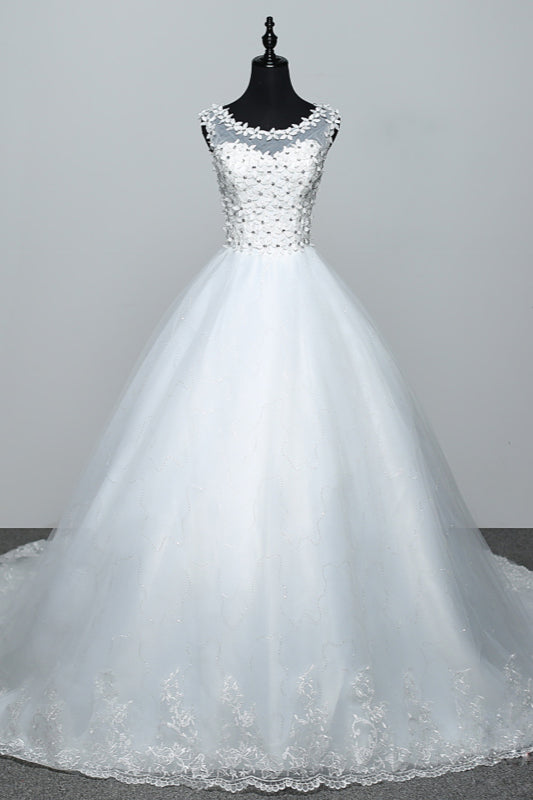 White Scoop Neck Tulle Ball Gown Wedding Dress with Lace Appliques