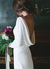 White Sheath Sweep Train Wedding Dress with Long Sleeves Back Detail