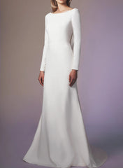 White Sheath Sweep Train Wedding Dress with Long Sleeves