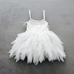 White Spaghetti Strap A-Line Flower Girl Dress with Feathers