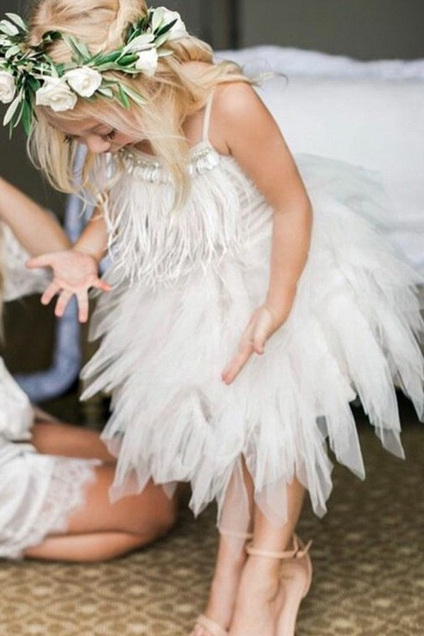 White Spaghetti Strap A-Line Flower Girl Dress with Feathers