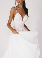 White Spaghetti Strap A-Line Wedding Dress with Pleats Bodice Detail