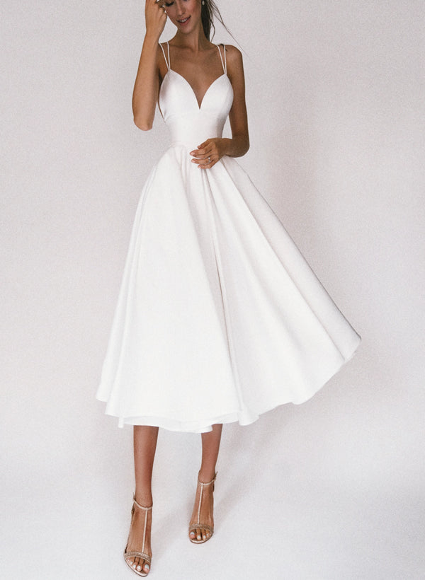 White Spaghetti Strap A-Line Wedding Dress with Pleats