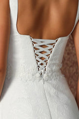 White Square Neck A-Line Sweep Train Wedding Dress with Lace Appliques Back Detail
