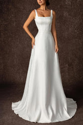 White Square Neck A-Line Sweep Train Wedding Dress with Lace Appliques