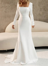 White Square Neck Mermaid Sweep Train Wedding Dress with Long Sleeves