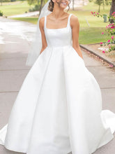 White Square Neck Satin A-Line Sweep Train Wedding Dress with Pockets