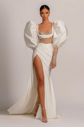White Square Neck Satin Sheath Sweep Train Wedding Dress with Long Sleeves and Slit