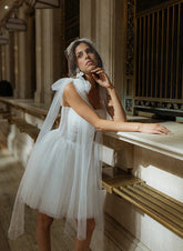White Square Neck Tulle A-Line Wedding Dress with Bow
