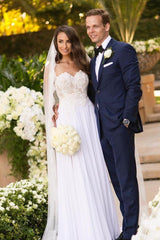 White Sweetheart Chiffon A-Line Wedding Dress with Lace Appliques and Slit
