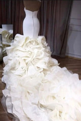 White Sweetheart Mermaid Cathedral Train Wedding Dress Back View